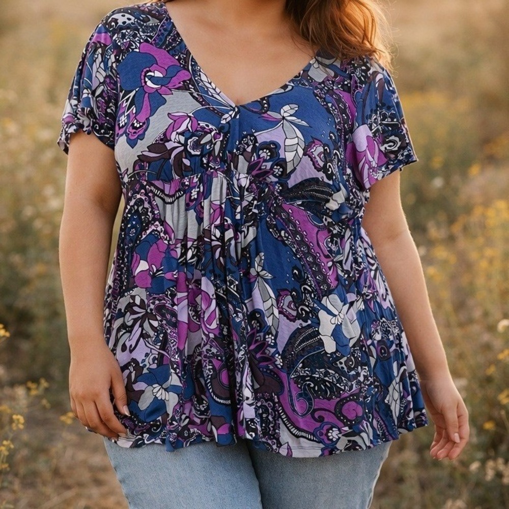 Daisy Fuentes Paisley Boho Blouse Purple Blue Empire Waist PXL nwt Boho Chic Y2K